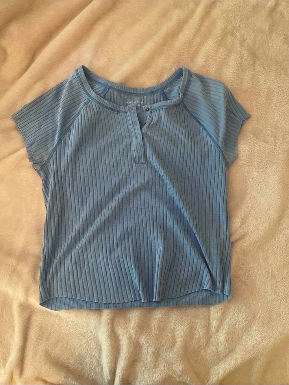 American Eagle Outfitters Light Blue Ribbed Short Sleeve Henley Tee